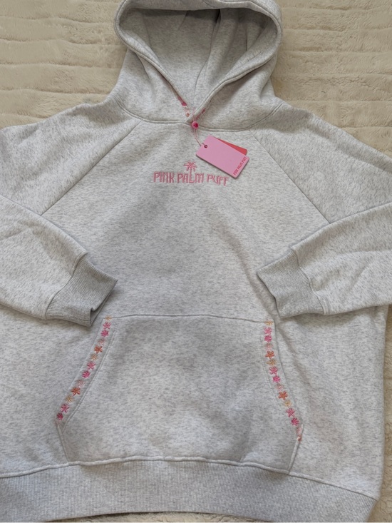 Pink Palm Puff Tops - Pink Palm Puff Light Gray Embroidered Hoodie